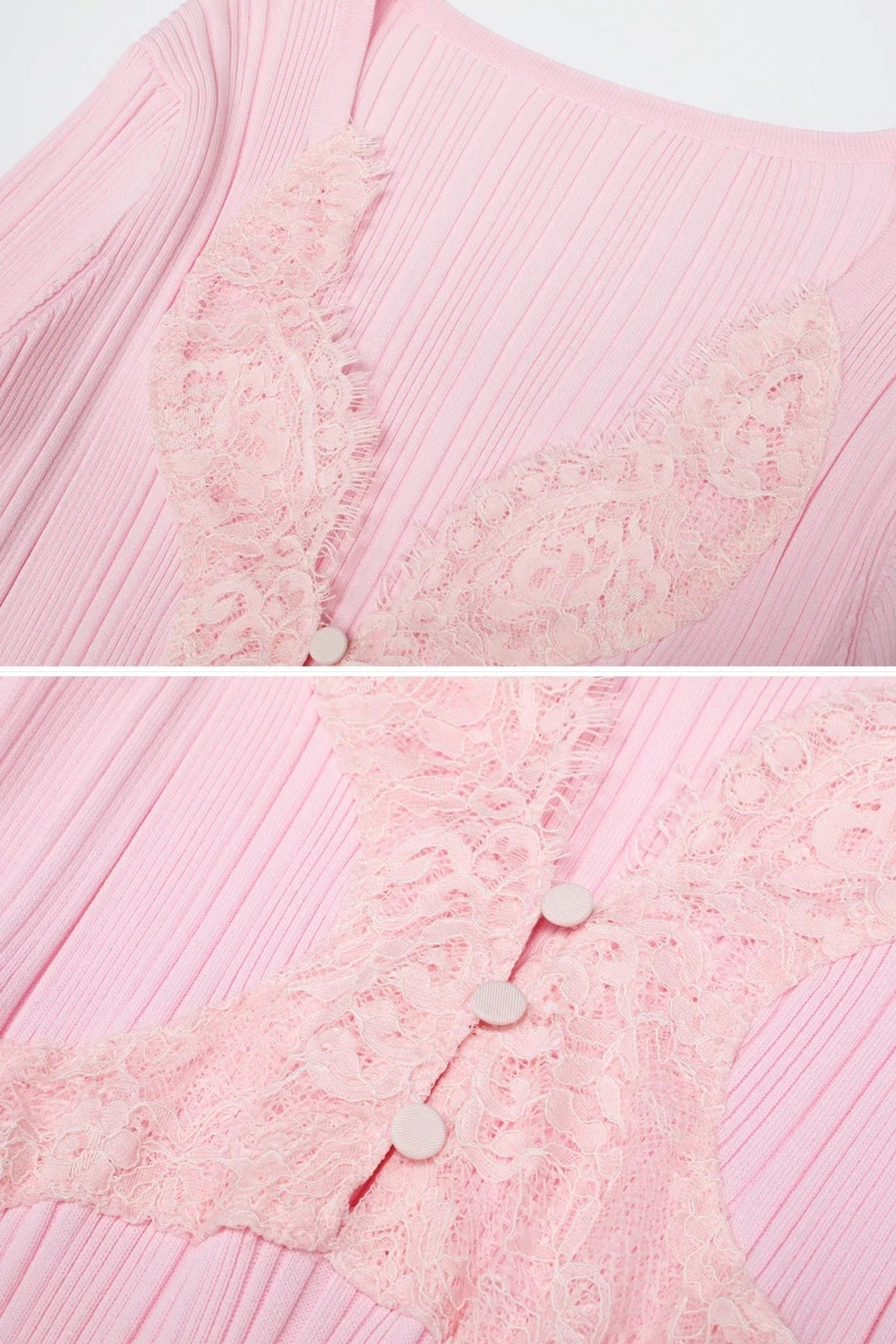Ribbed Long Sleeve Midi Dress With Lace-Trim V-Neckline - Baby Pink
