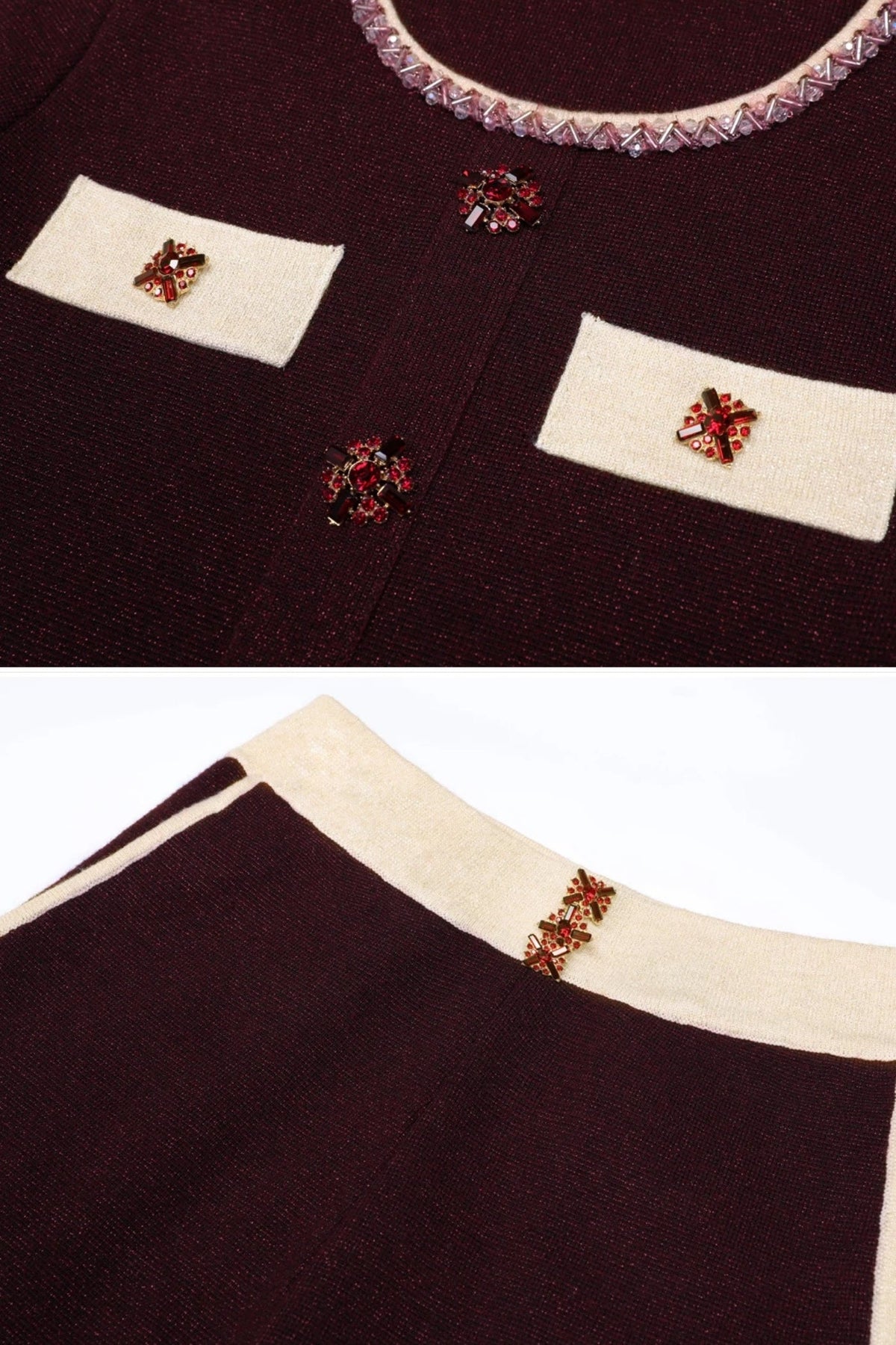 Long Sleeve Knit Co-Ord Set With Contrast Trim And Sparkling Embellishments - Burgundy