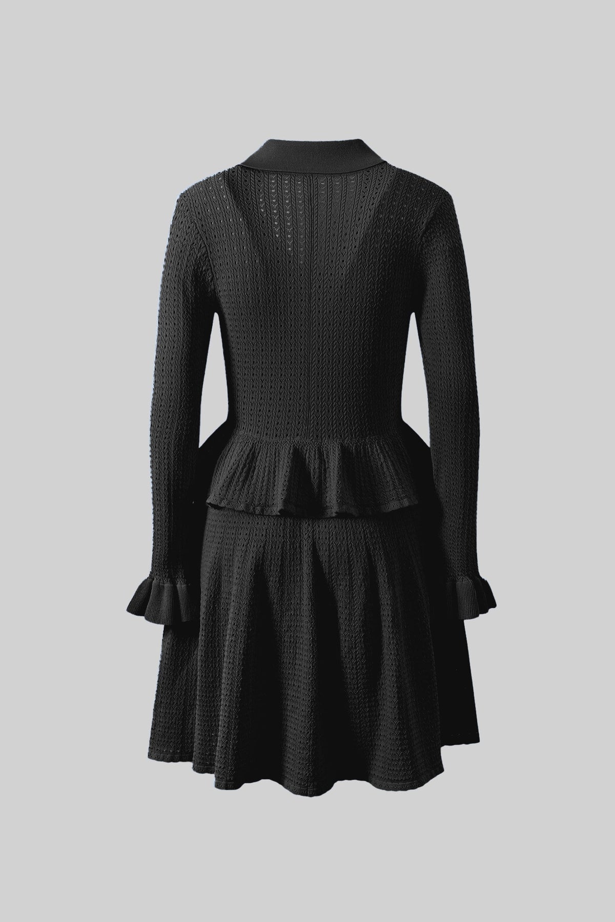 Knit Mini Dress with Peplum Waist and Gold Button Detail - Black