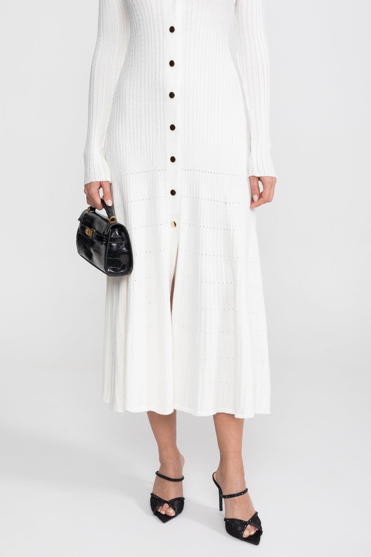 Long Sleeve Knit Midi Dress With Polo Collar And Monogram Patch - White