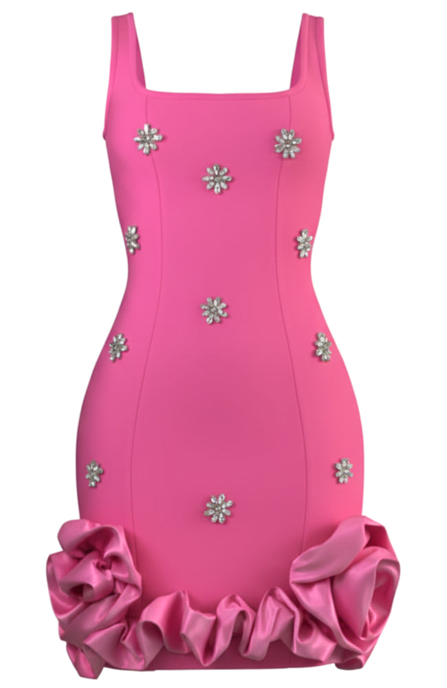 Taş İşlemeli Çiçekli Mini Elbise Pembe
