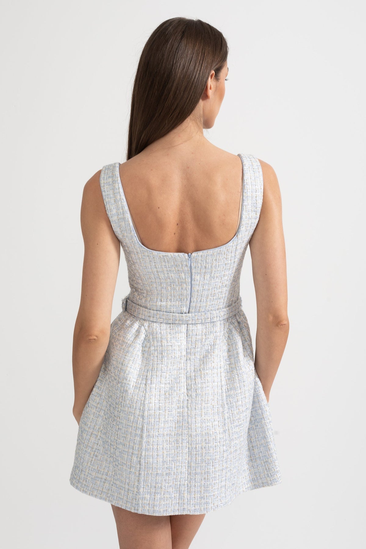 Textured Mini Dress With Fitted Bodice And Contrasting Buttons - Light Blue