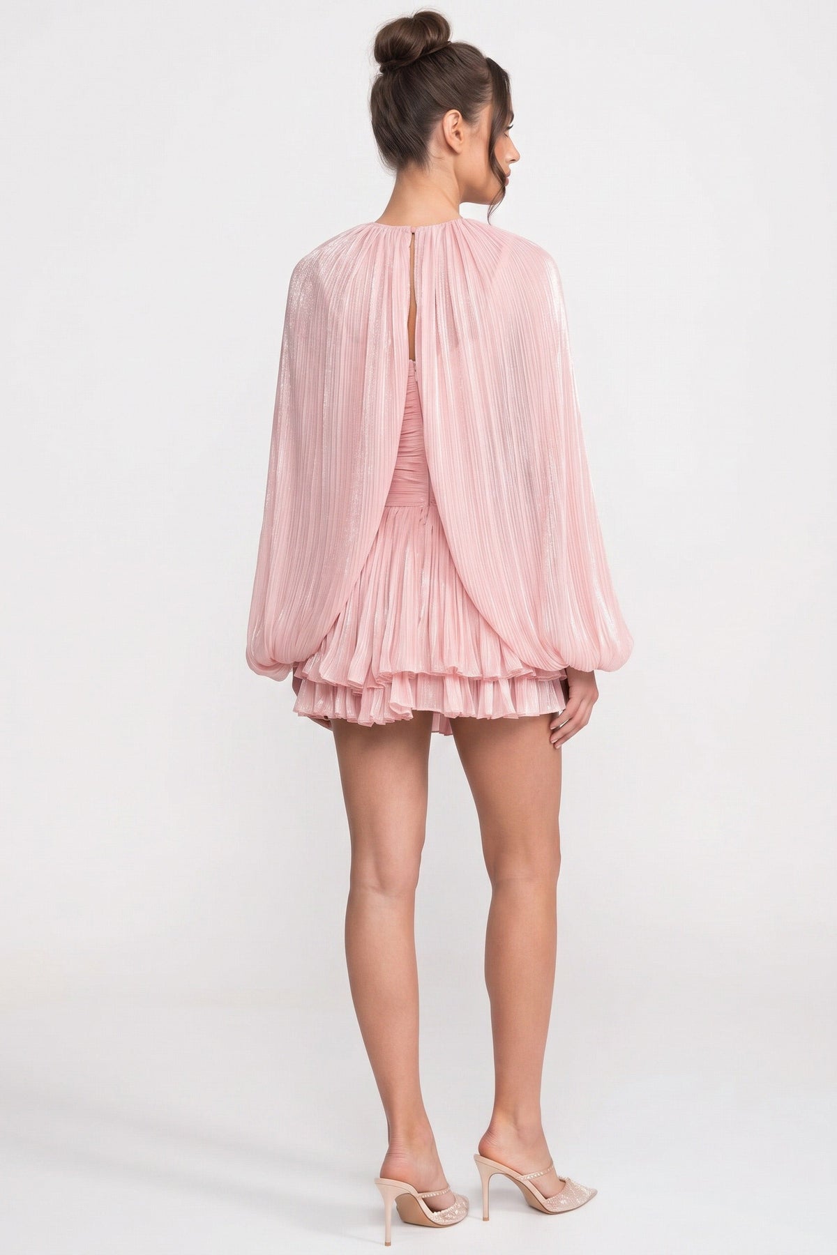 High-Neck Balloon-Sleeve Mini Dress With Pleated Skirt - Pink