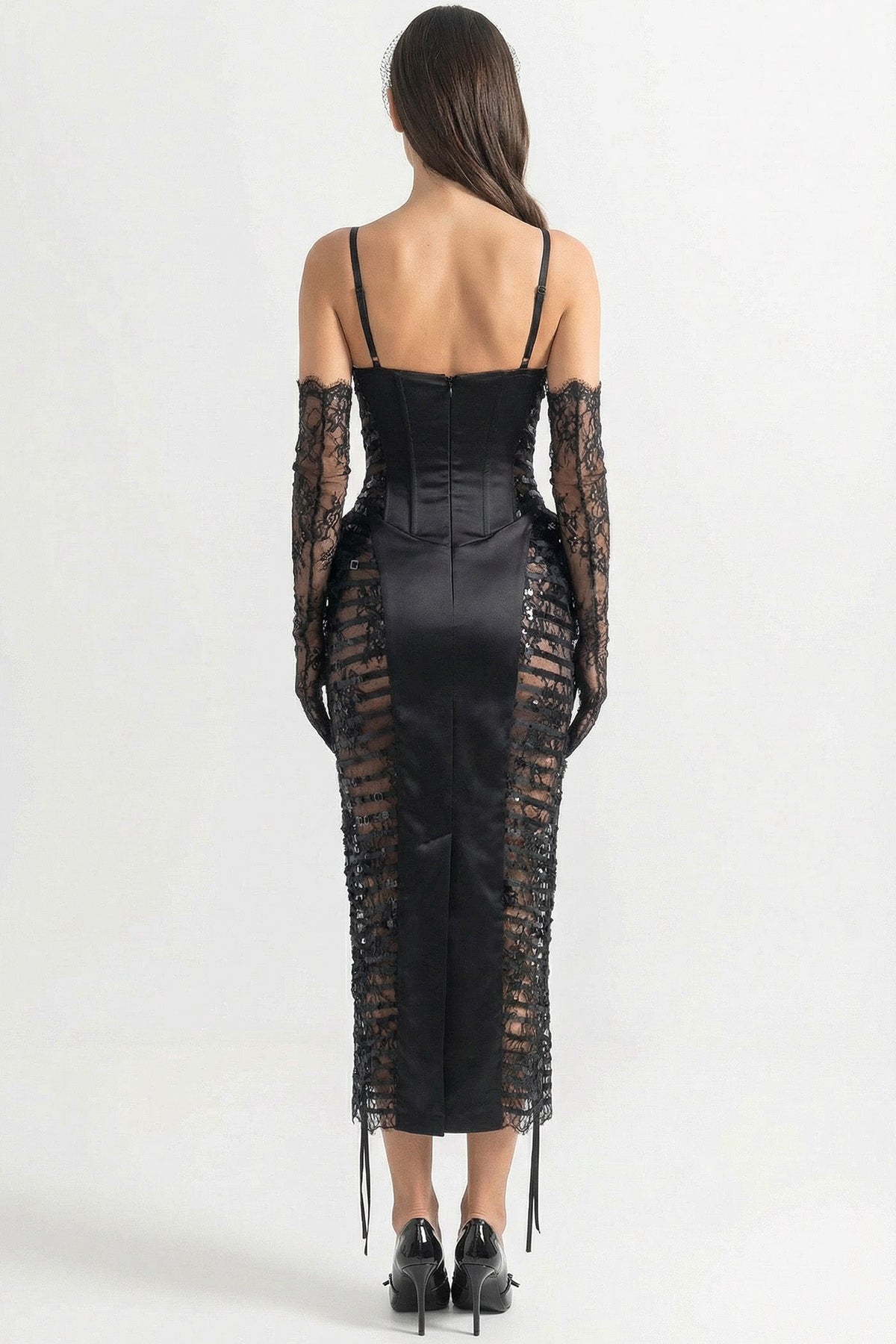 Lace-Trim Midi Dress With Sequin Sheer Side Panels - Black