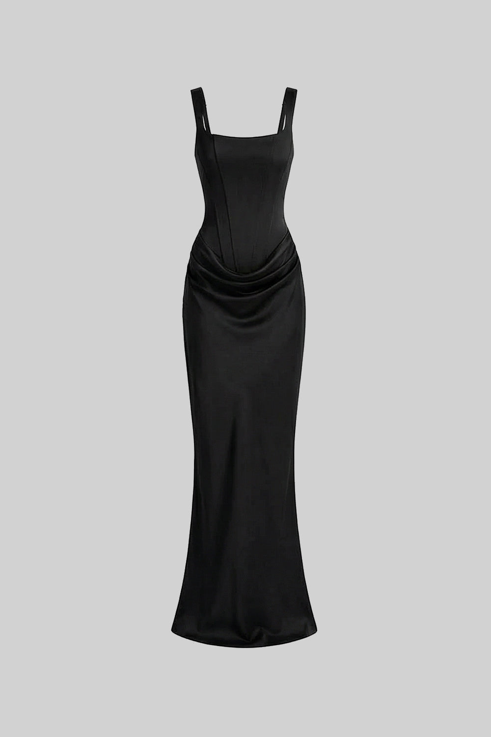 Corset Maxi Dress with Draped Hip Detail – Black