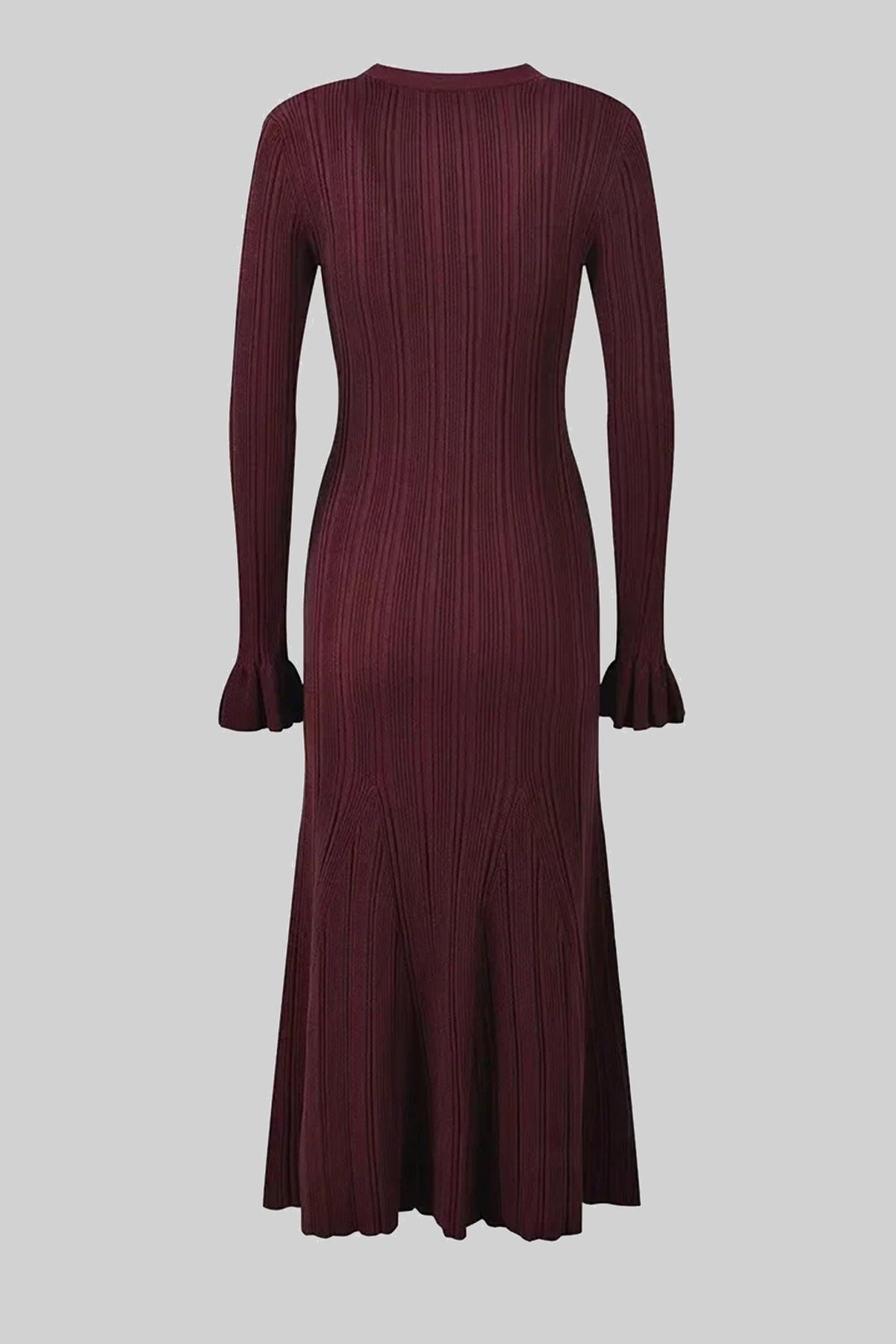 V-Neck Button-Front Ribbed Knit Maxi Dress With Ruffle Cuffs - Burgundy