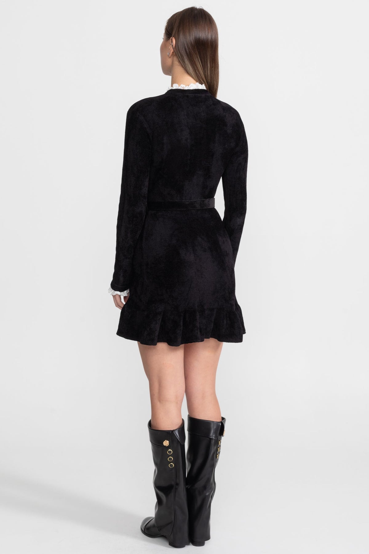 Knit Crystal-Button Mini Dress With Matching Belt – Black