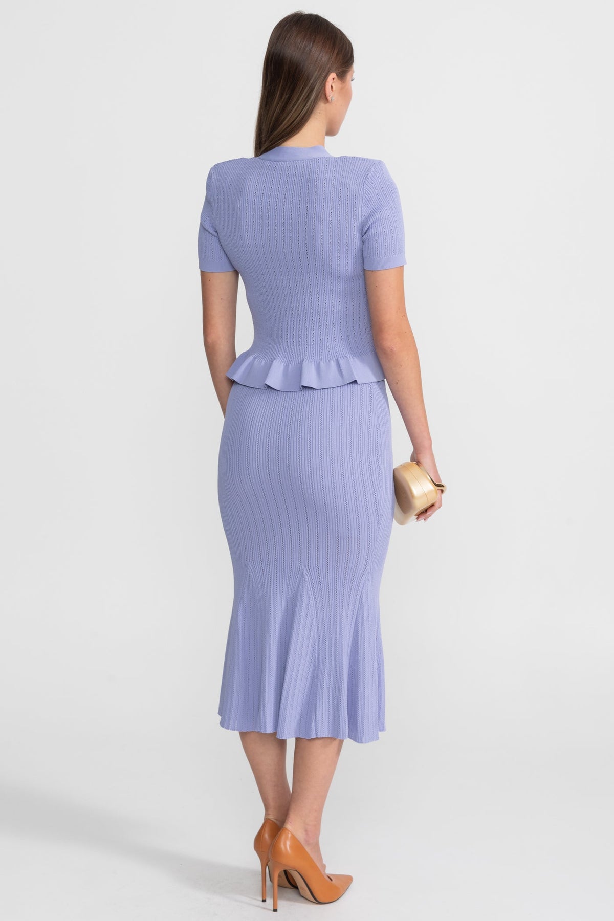 Knit Midi Co-Ord with Peplum Waist and Gold Buttons – Lilac