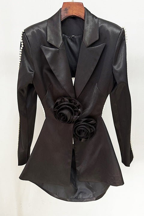 Satin Flower Blazer & Beaded Flare Pants Set