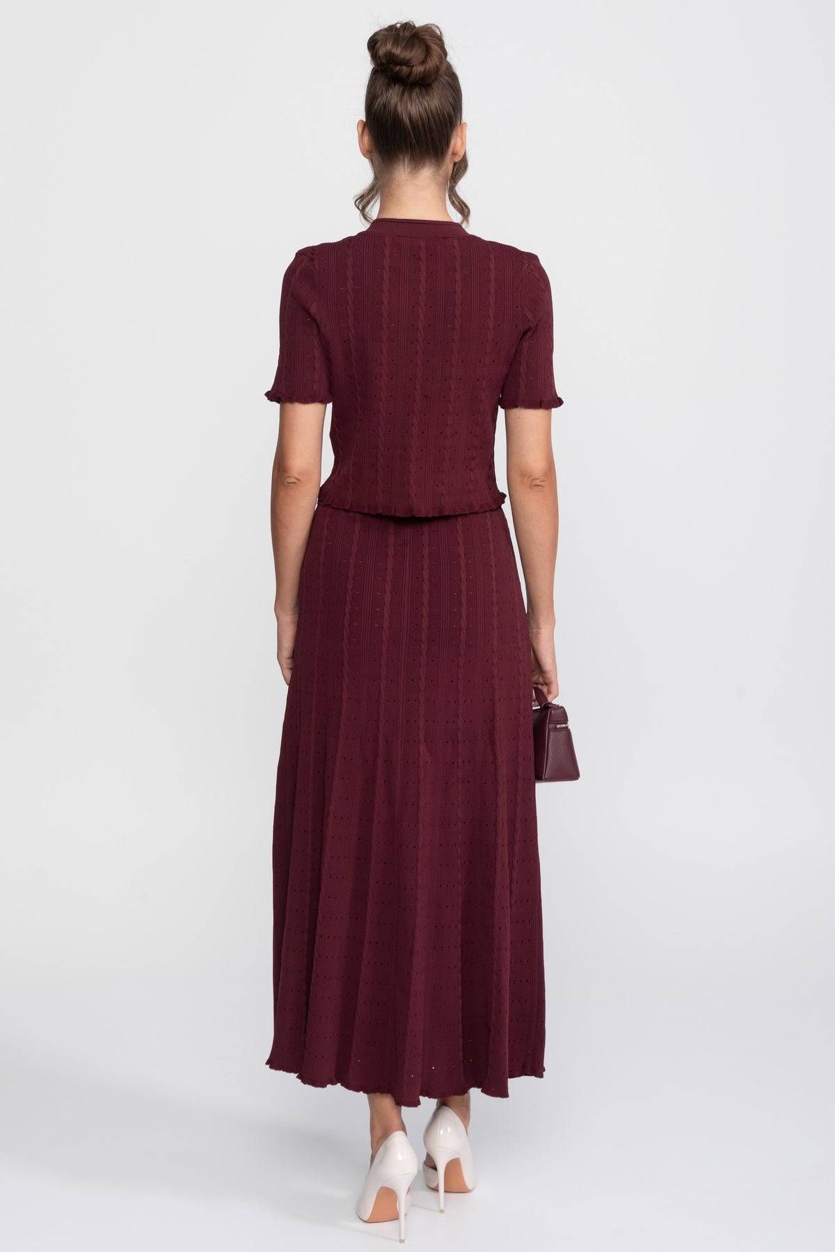 Ribbed Knit Co-Ord Set With Buttoned Front Cardigan And Matching Maxi Skirt - Burgundy
