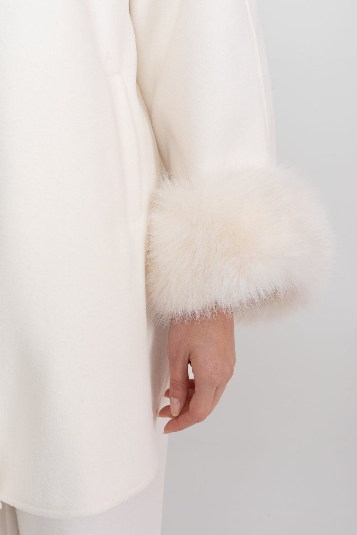 Longline Coat With Pearl Embellished Neckline And Fur Cuffs - White