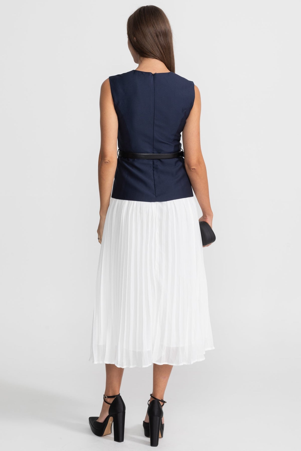 Sleeveless Midi Dress with Belted Waist and Contrast Skirt - Navy