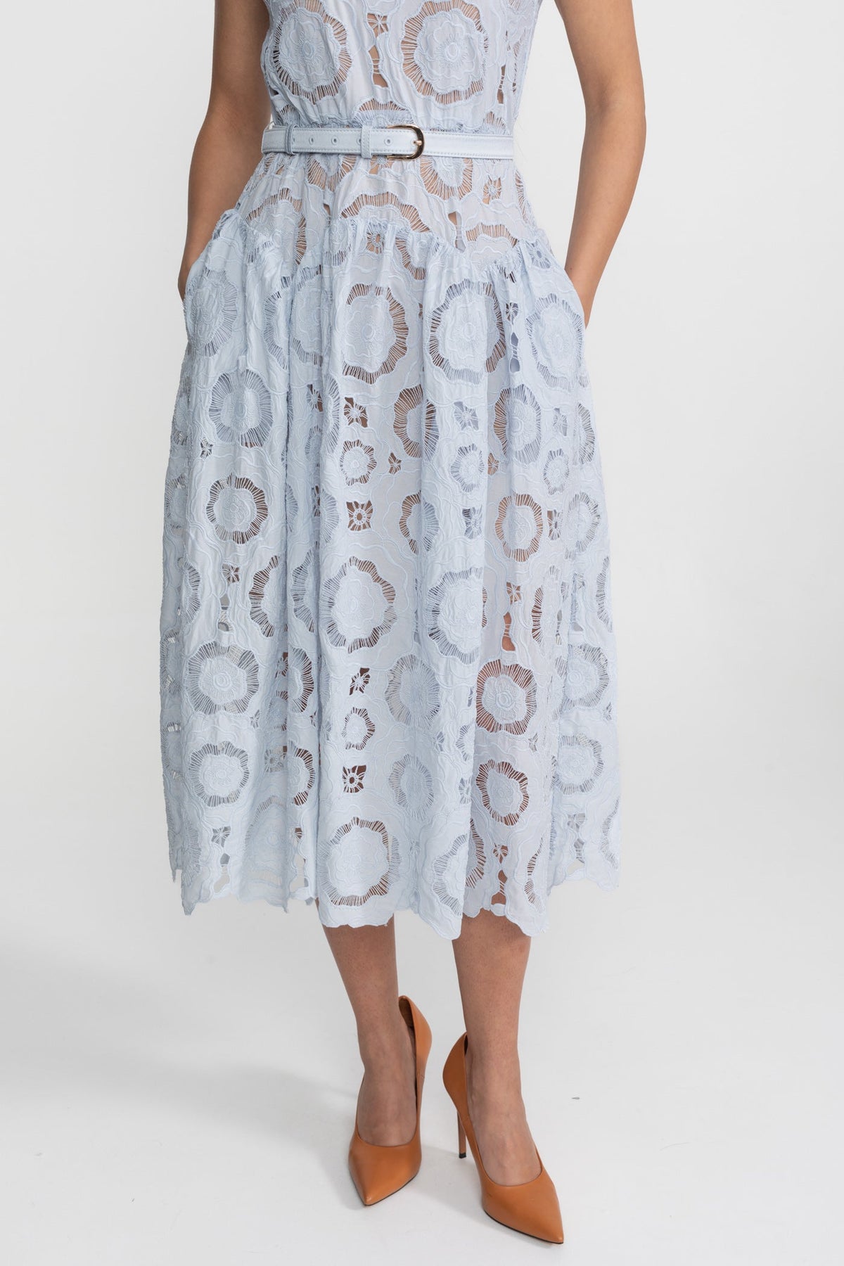 Floral Lace Midi Dress with Belted Waist – Light Blue