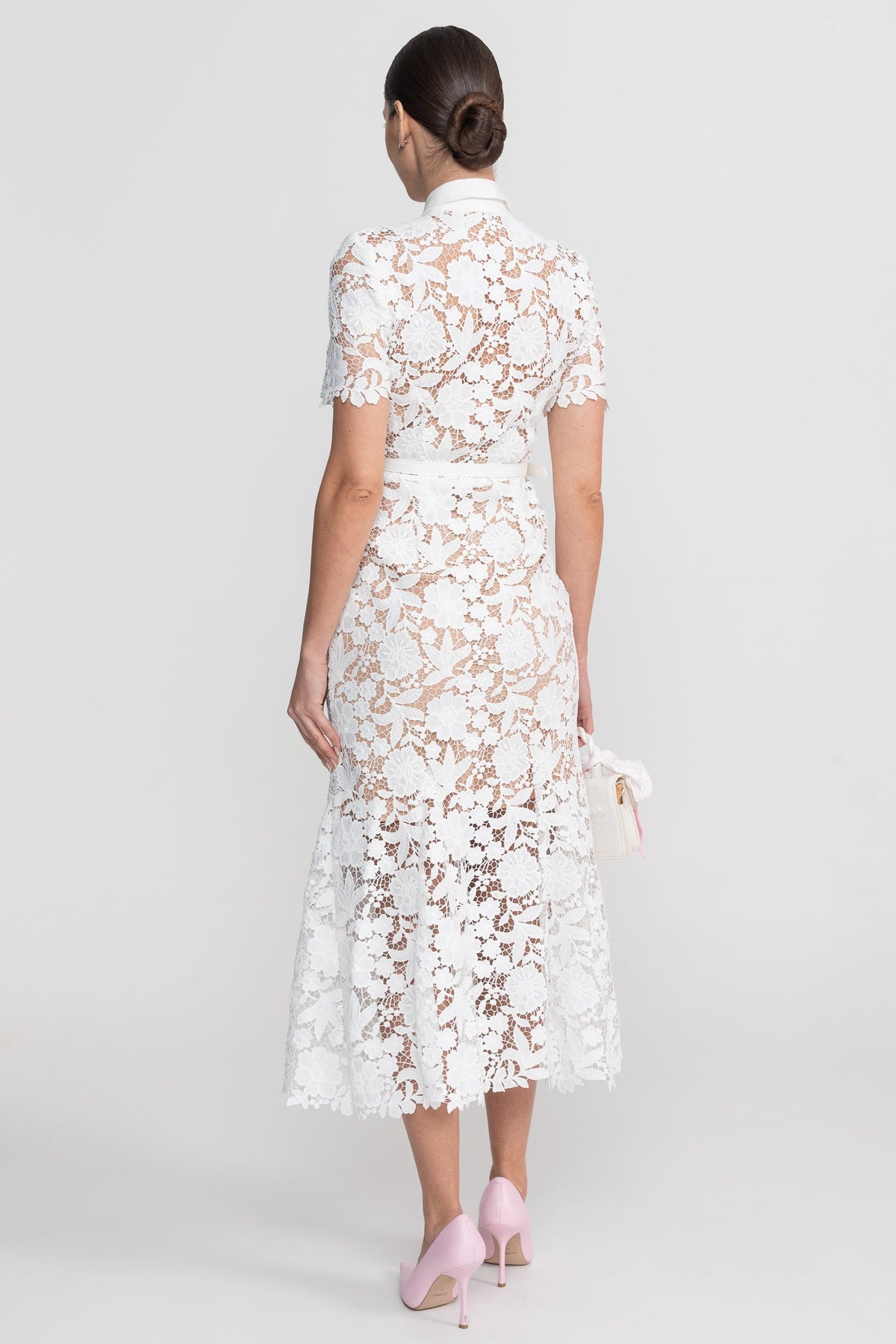 Lace Short Sleeve Midi Dress With Collared Neckline And Belted Waist - White