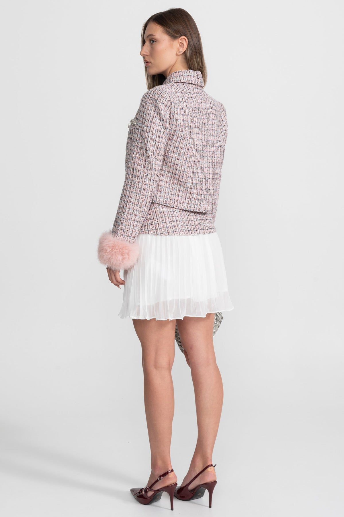 Tweed Cropped Jacket with Faux Fur Cuffs - Pink