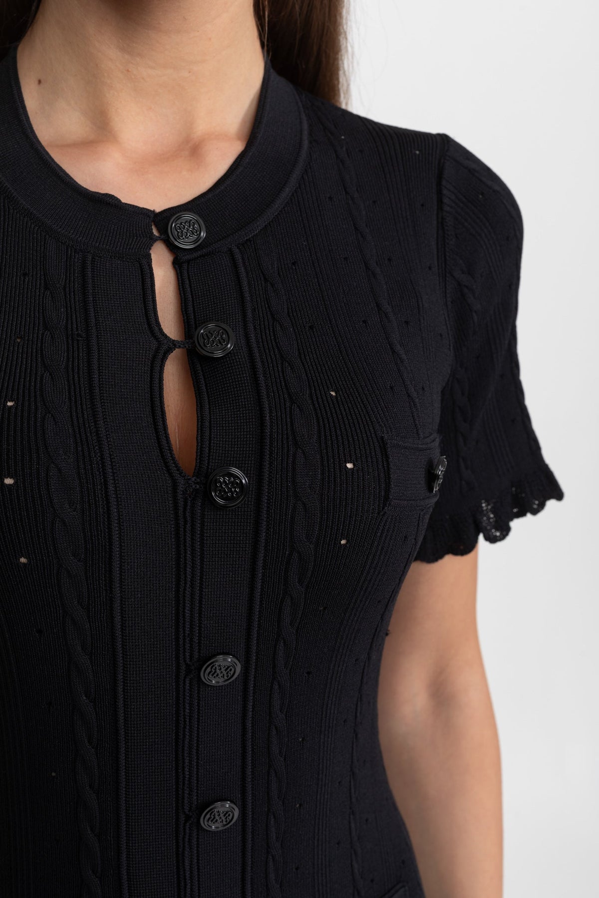 Knit Button-Front Midi Dress with Scalloped Sleeves – Black