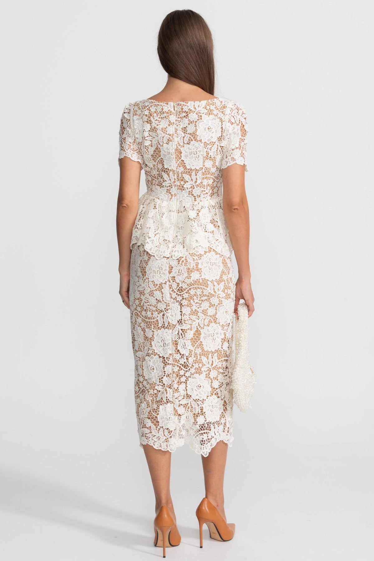 Lace Midi Dress with Peplum Waist and Satin Collar - Ivoire