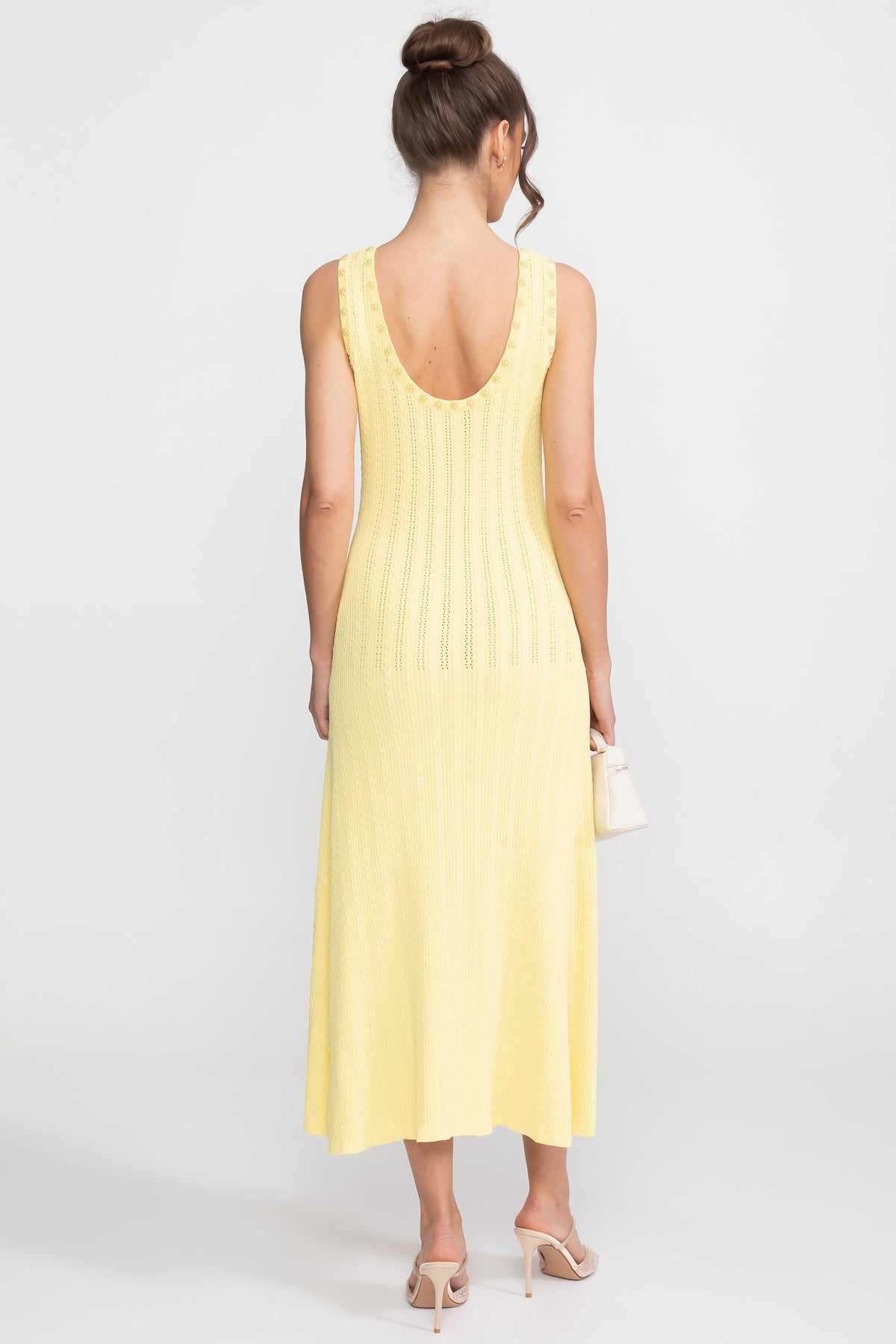 Ribbed Knit Dress and Cardigan Set With Pearl Button Detailing - Yellow