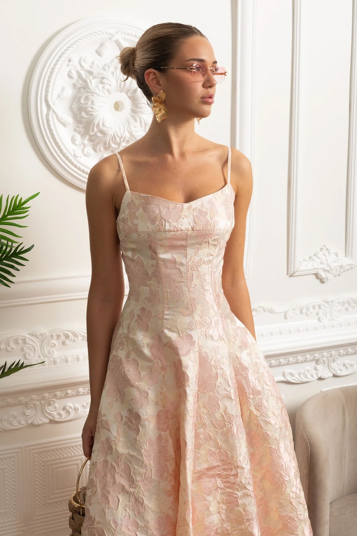 Jacquard Midi Dress with Floral Motif and Spaghetti Straps - Blush Pink