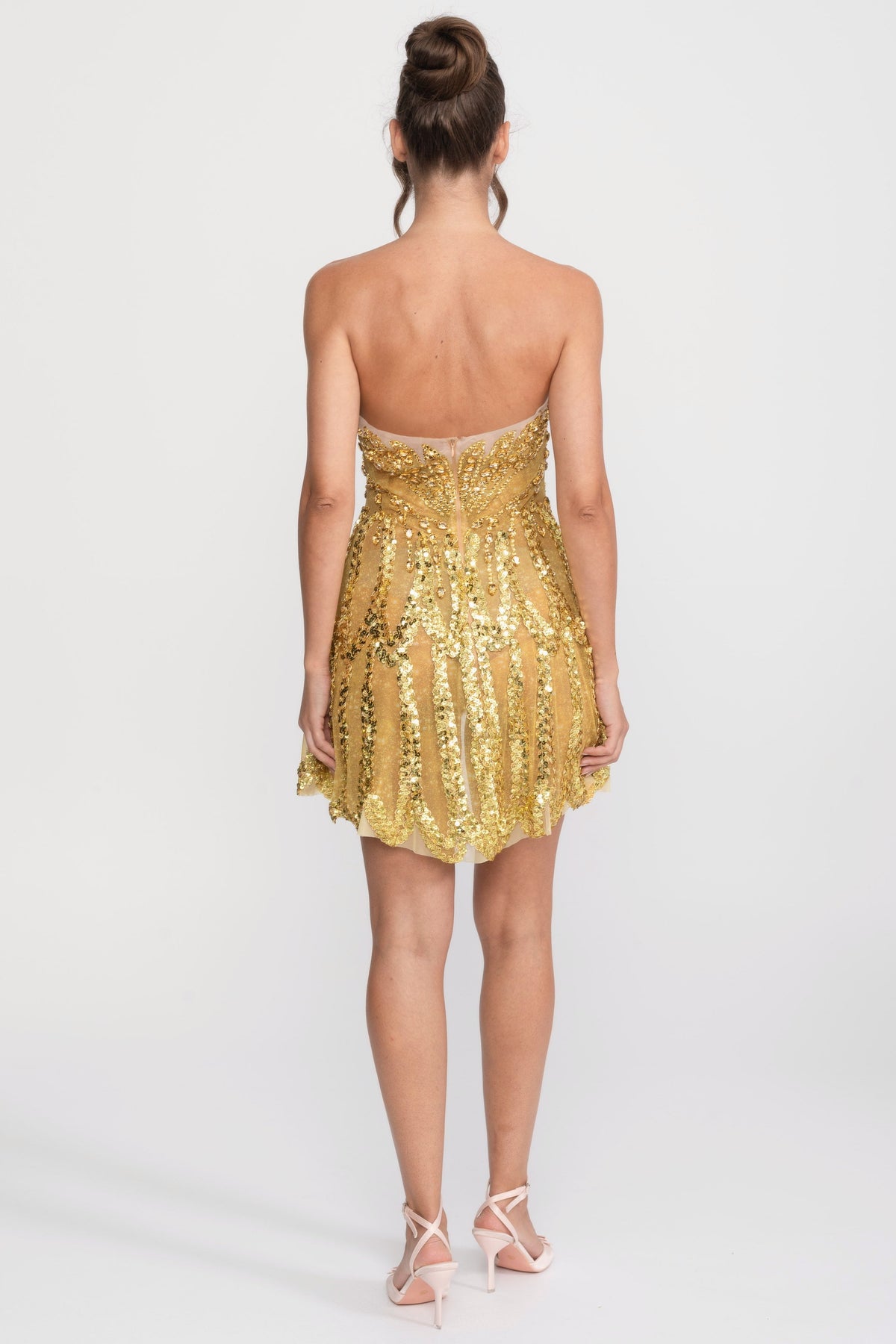 Jeweled Fit-and-Flare Mini Dress With Sweetheart Neckline  - Gold
