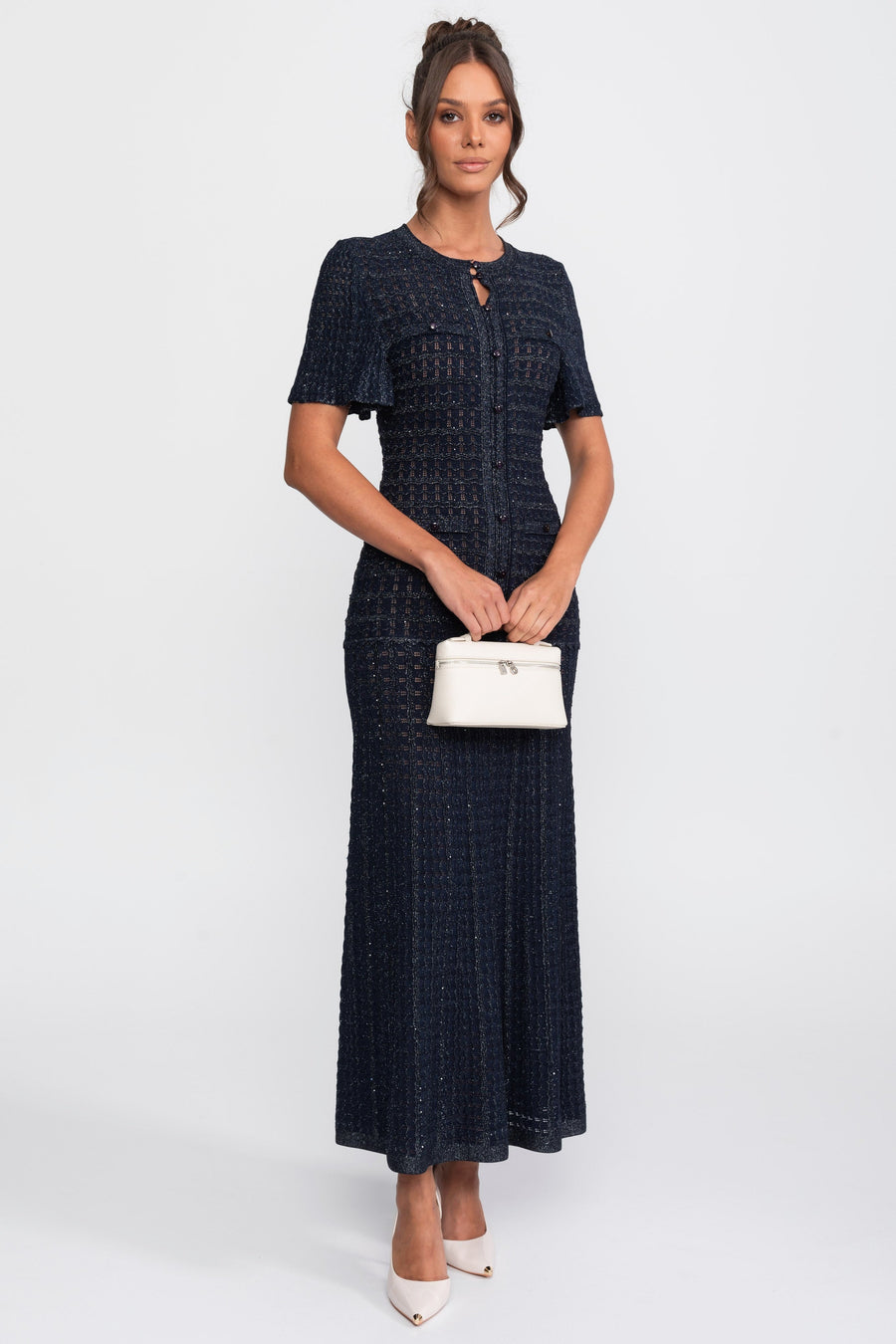 Short Sleeve Midi Dress With Shimmer Knit Texture - Navy