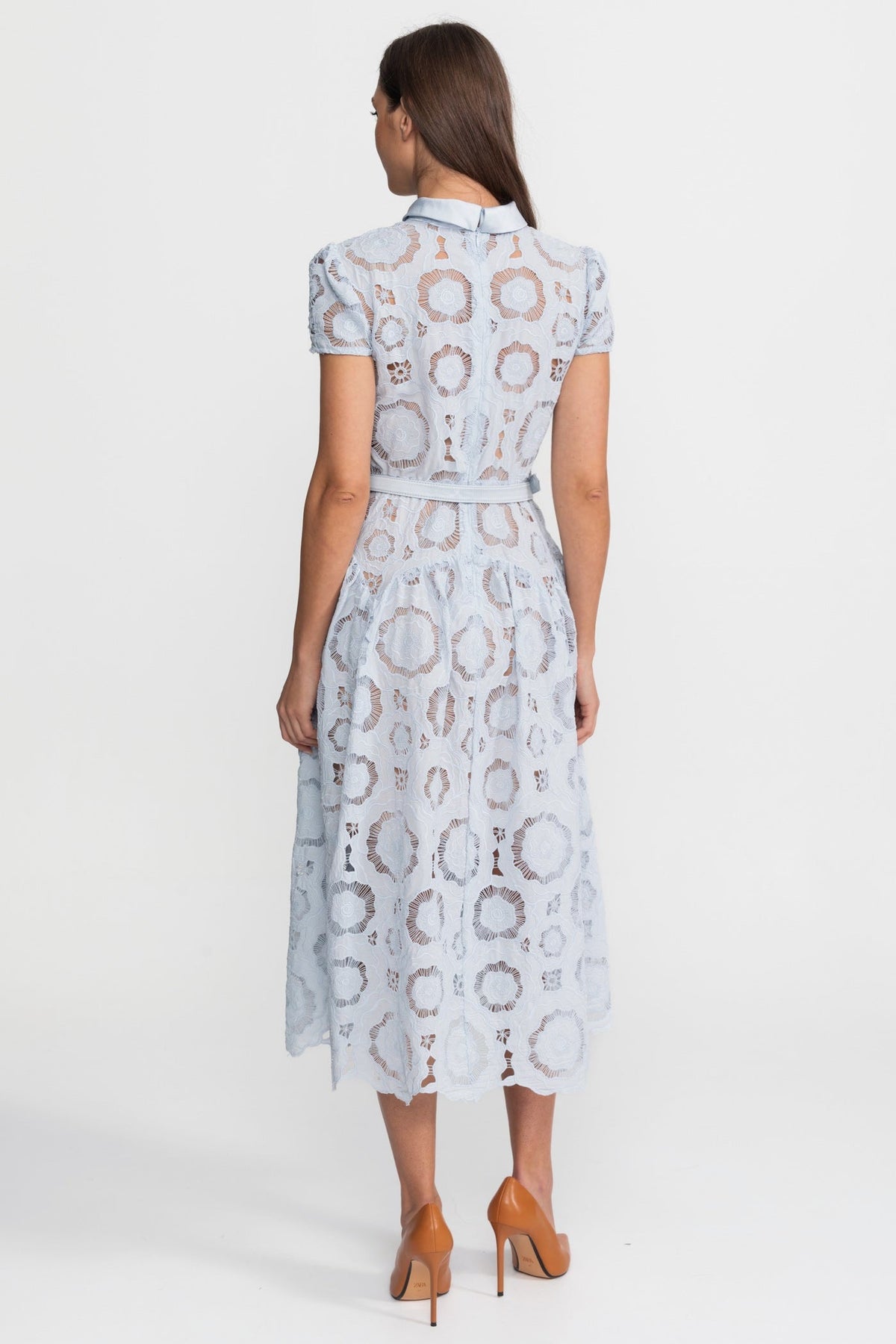 Floral Lace Midi Dress with Belted Waist – Light Blue