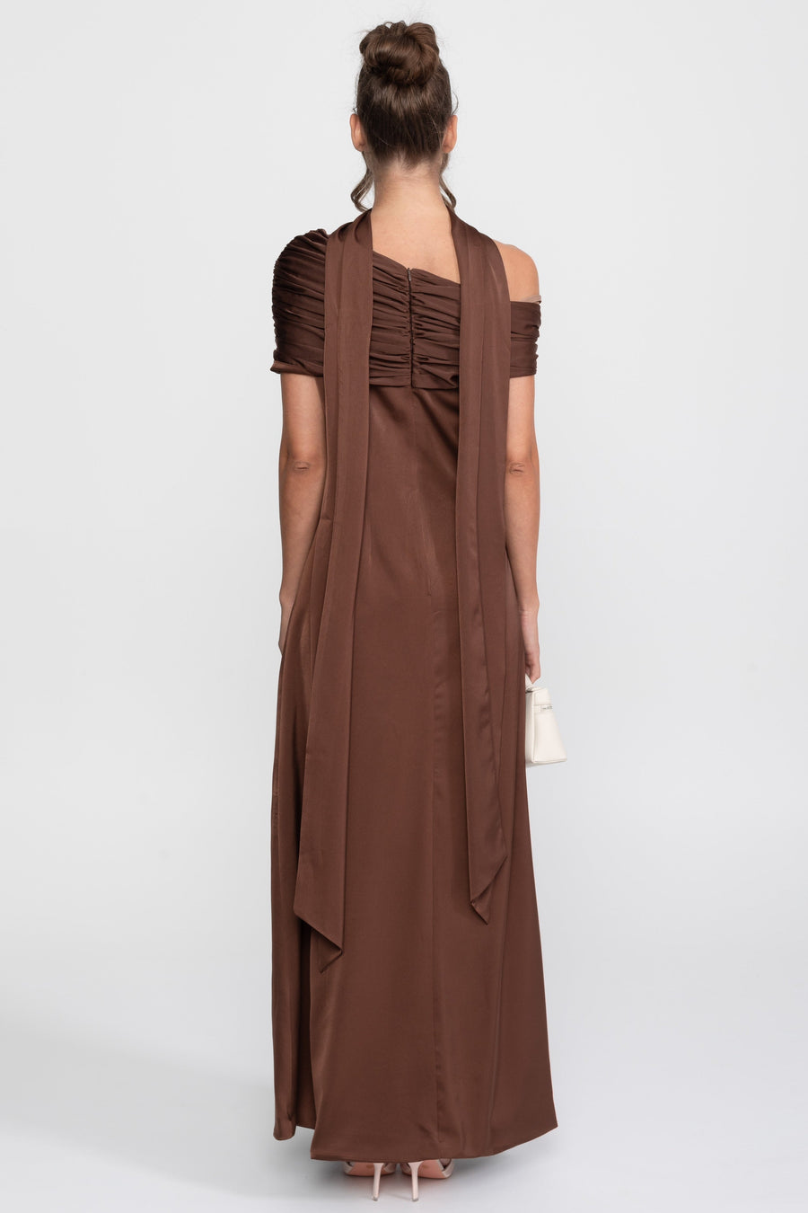 One-Shoulder Draped Satin Gown With Ruched Wrap - Brown