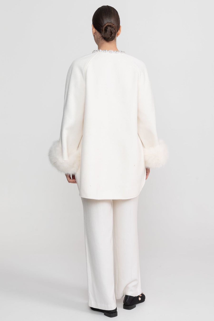 Longline Coat With Pearl Embellished Neckline And Fur Cuffs - White