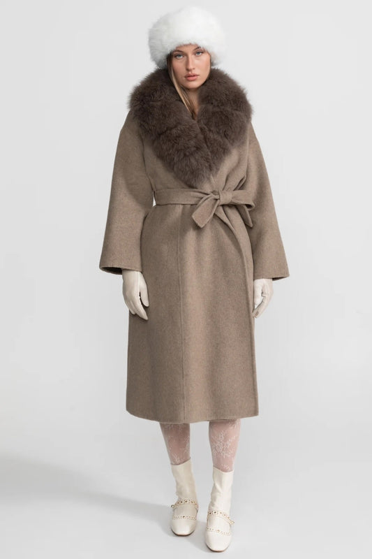 Wool Wrap Coat with Fox Fur Collar And Tie Belt – Khaki