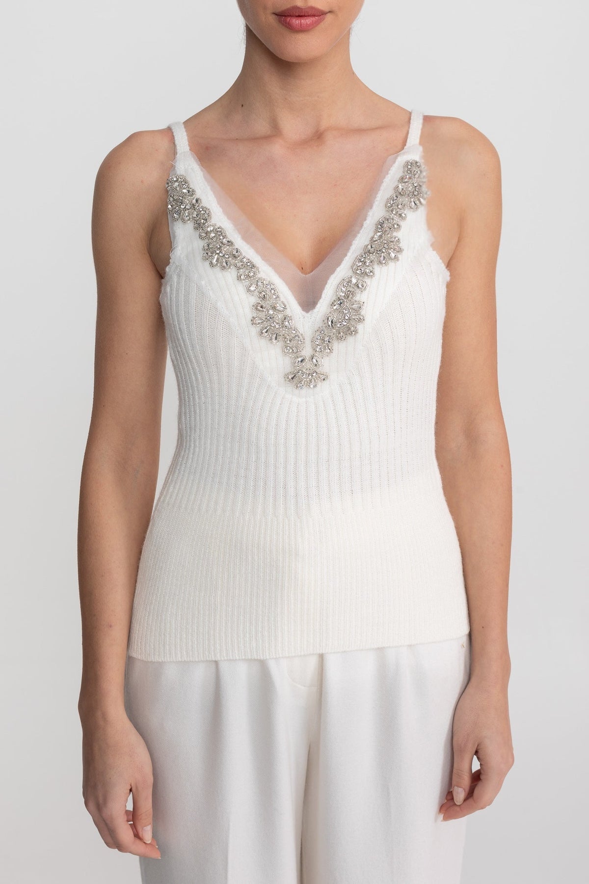 Knit Two Piece Set With Crystal Embellishments And Trim Cuffs - White