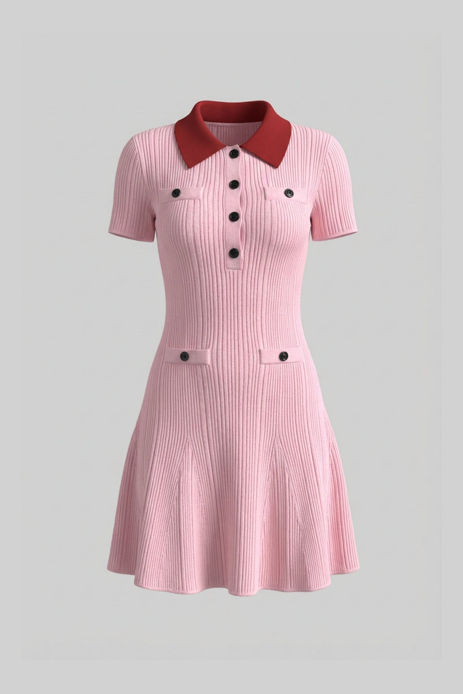 Ribbed Short Sleeve Mini Dress With Contrast Collar And Button Front Detail - Blush Pink