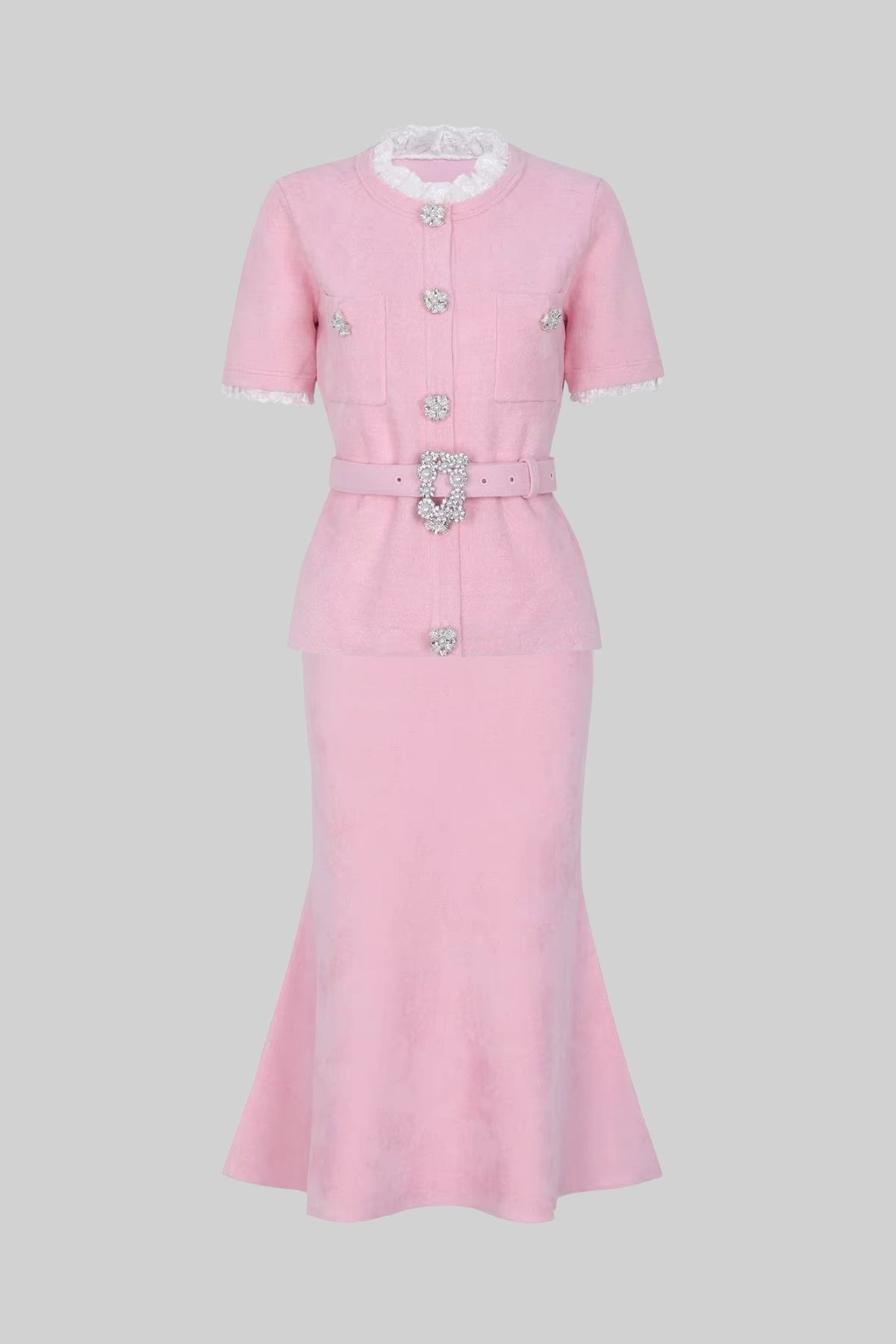 Short Sleeve Co-Ord With Peplum Waist And Crystal Button Belt - Blush Pink