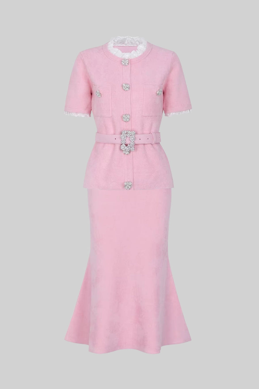 Short Sleeve Co-Ord With Peplum Waist And Crystal Button Belt - Blush Pink