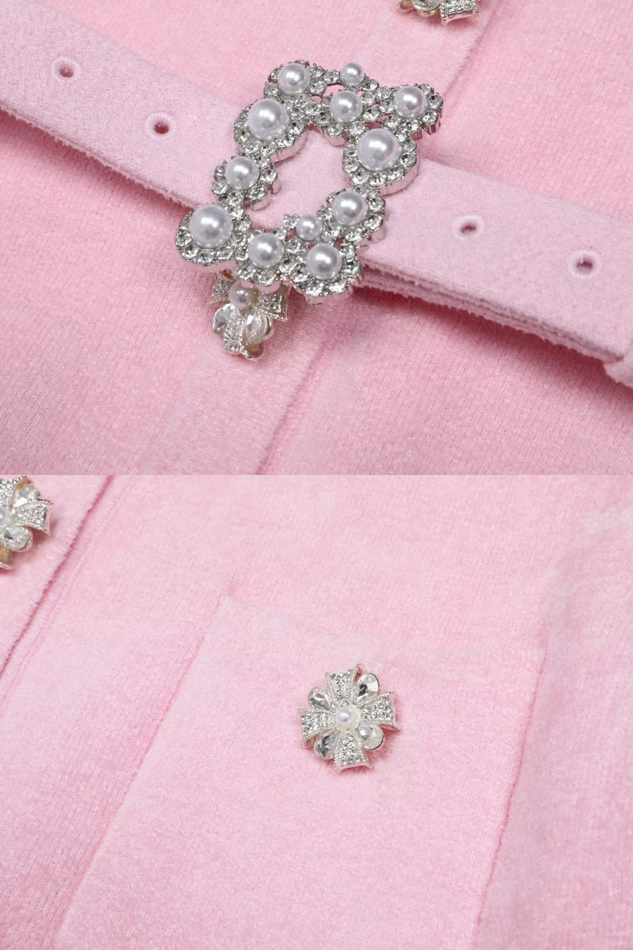 Long Sleeve Co-Ord With Fitted Knit Bodice And Crystal Button Detail - Blush Pink