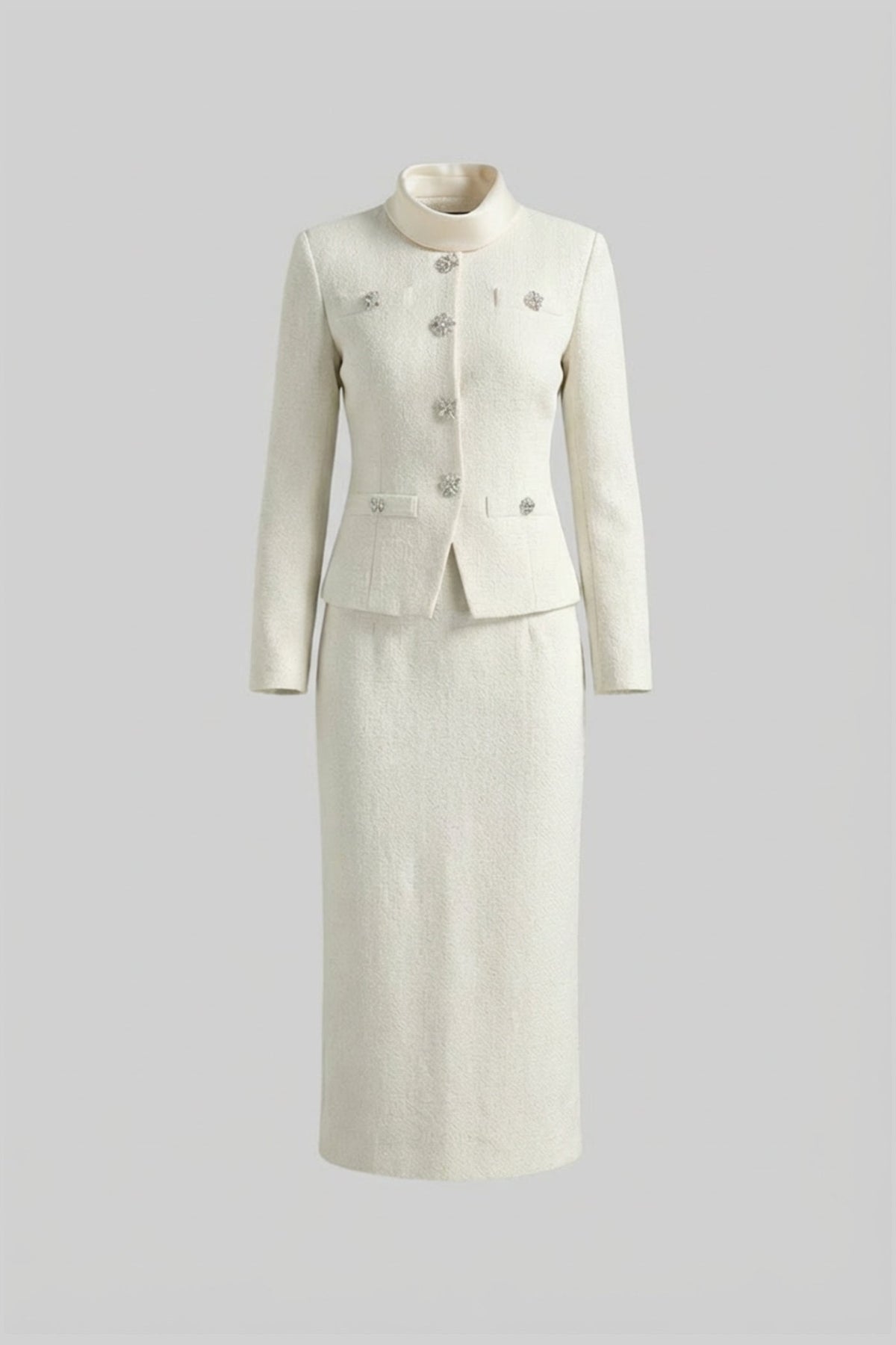Textured Midi Dress With High Neck Jacket And Crystal Button Detail - White