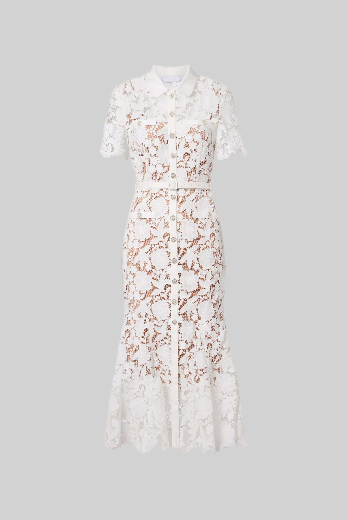 Lace Short Sleeve Midi Dress With Collared Neckline And Belted Waist - White