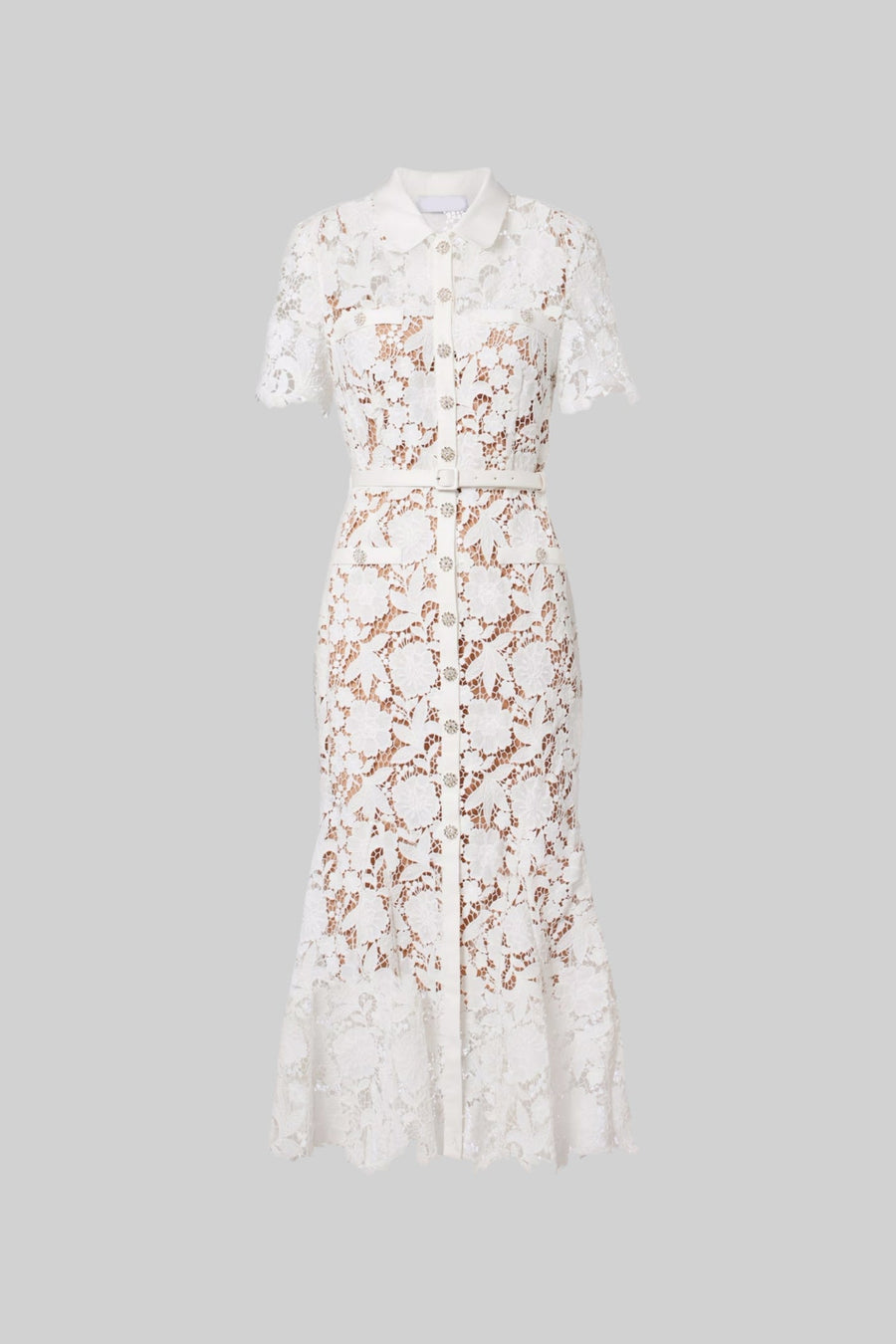 Lace Short Sleeve Midi Dress With Collared Neckline And Belted Waist - White