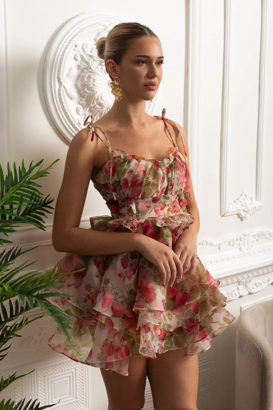 Printed Ruffled Mini Dress with Corset Back - Strawberry