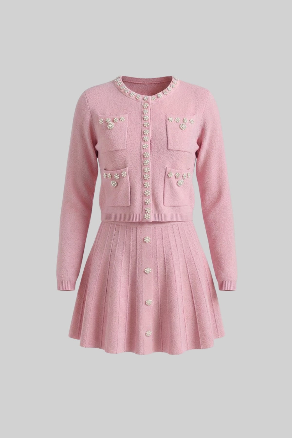 Knit Co-Ord Set With Long Sleeve Cardigan And Matching Mini Skirt - Blush Pink