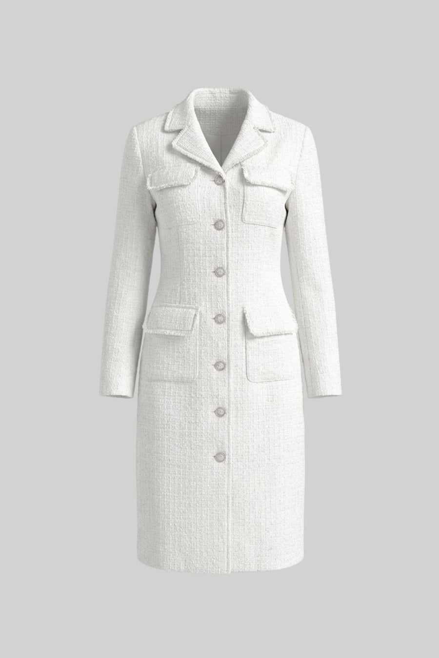 Bouclé Coat With Notched Collar And Button-Through Front - White