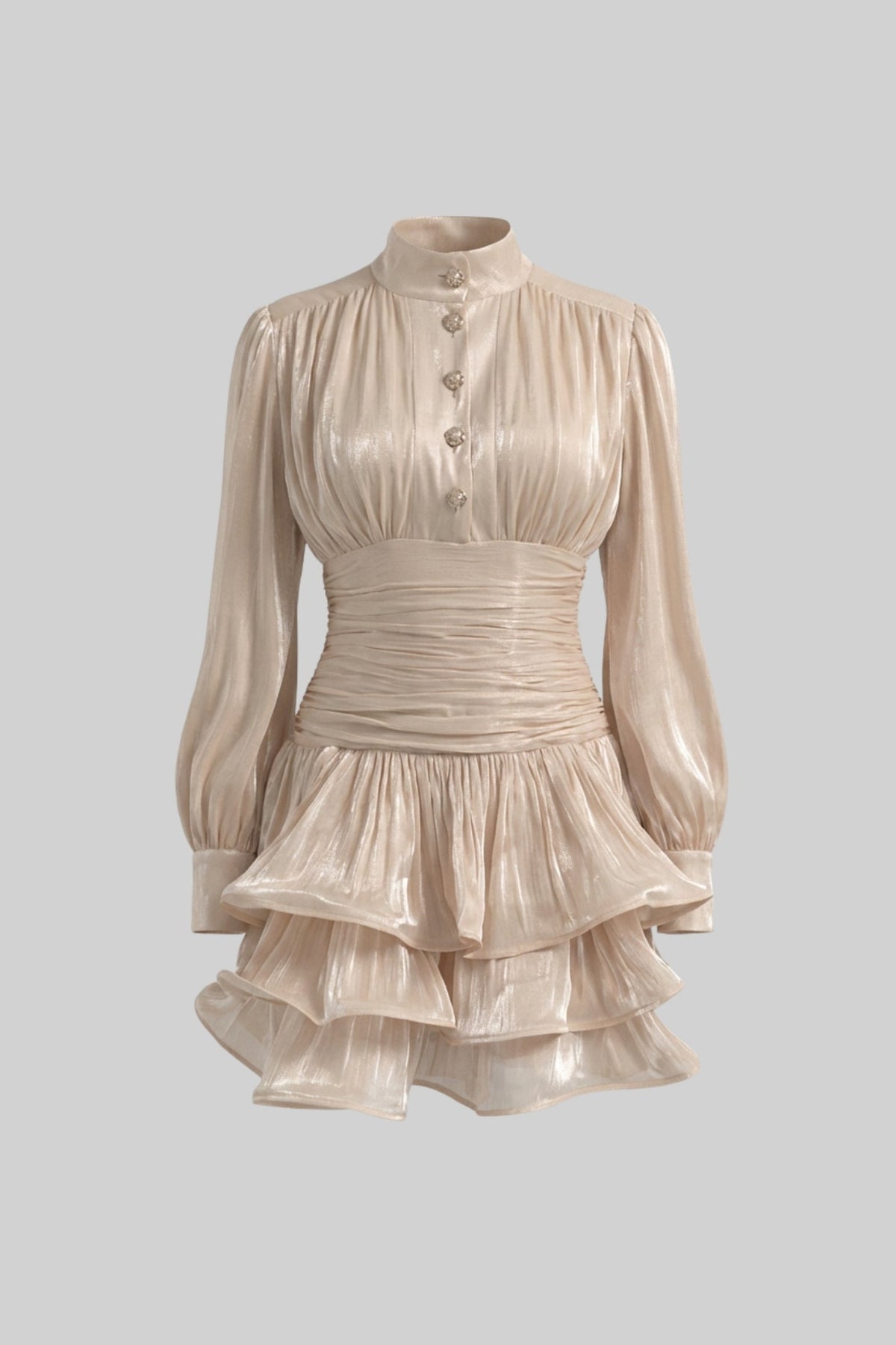 Draped Long Sleeve Mini Dress With Tiered Ruffle Skirt - Champagne