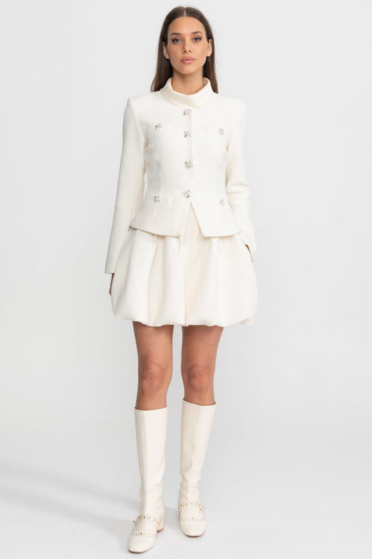 Textured Mini Dress with Crystal Button Embellishments – Ivoire