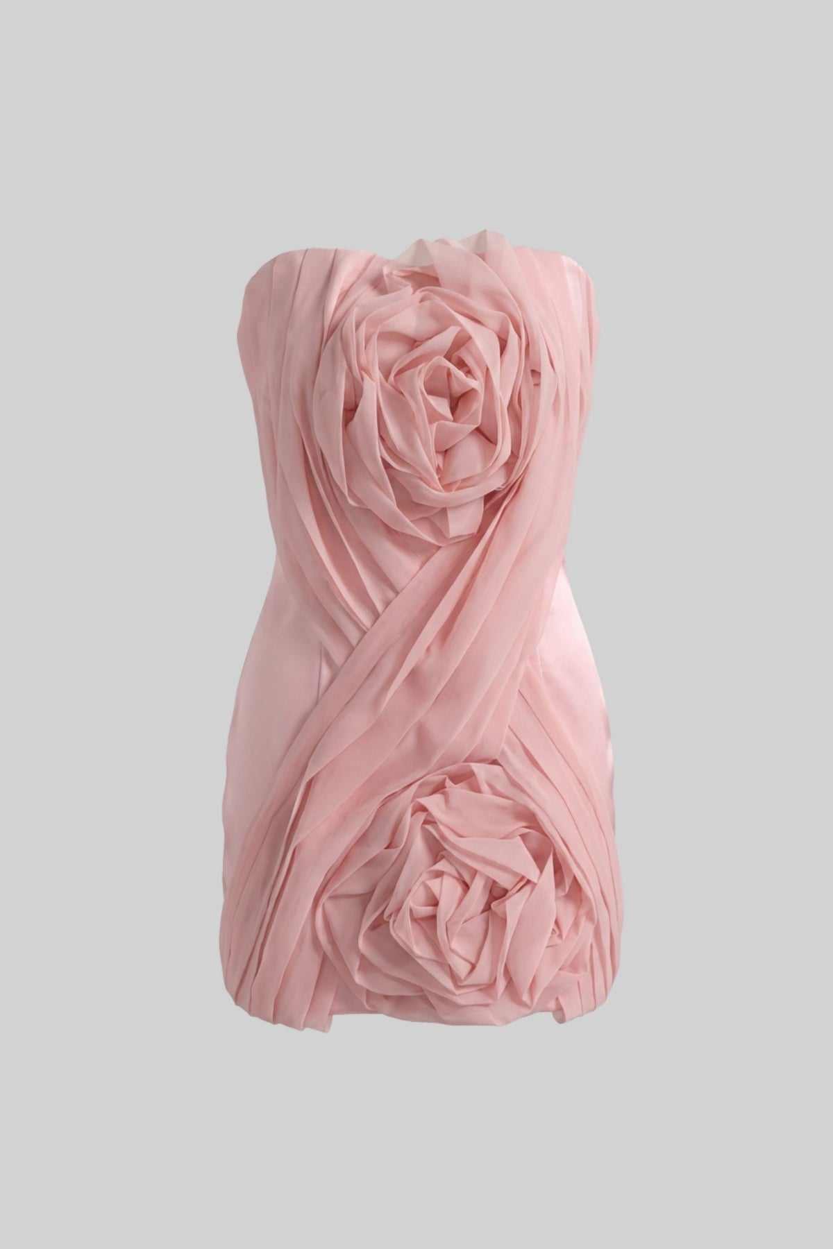 Strapless Mini Dress With Draped Bodice And 3D Rose Appliqués - Blush Pink