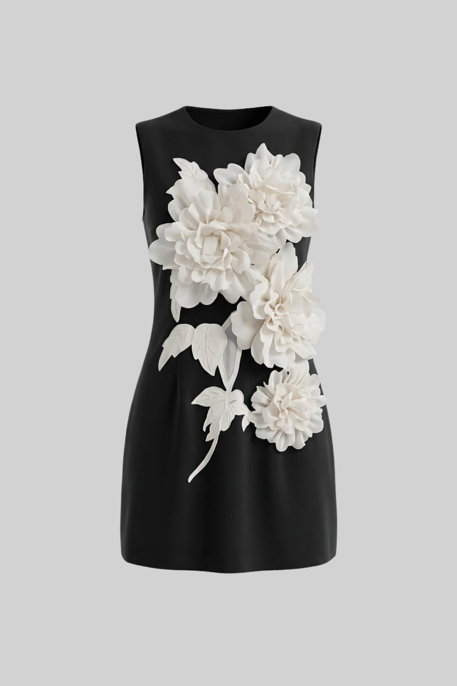 Sleeveless Mini Dress With Round Neckline And 3D Floral Appliqué - Black