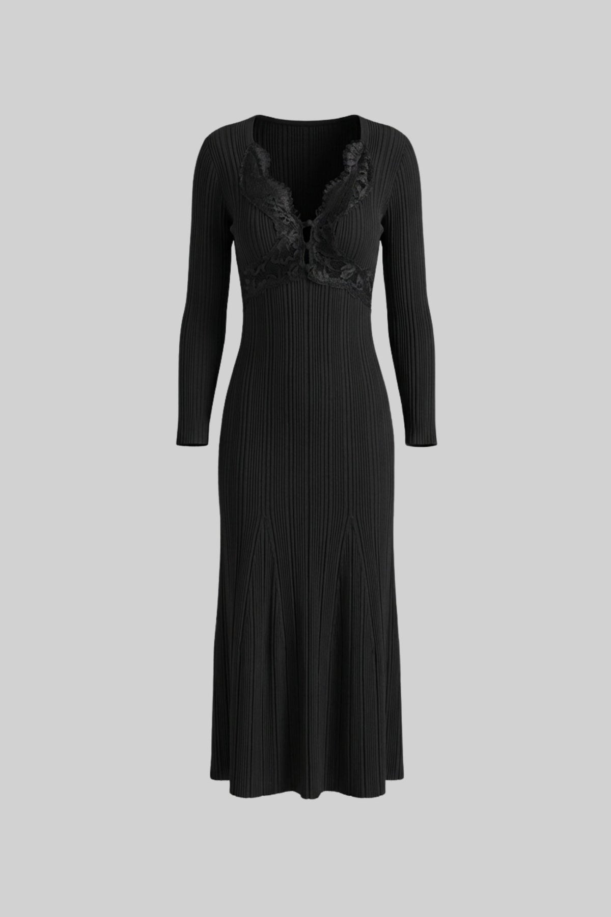 Ribbed Long Sleeve Midi Dress With Lace-Trim V-Neckline - Black