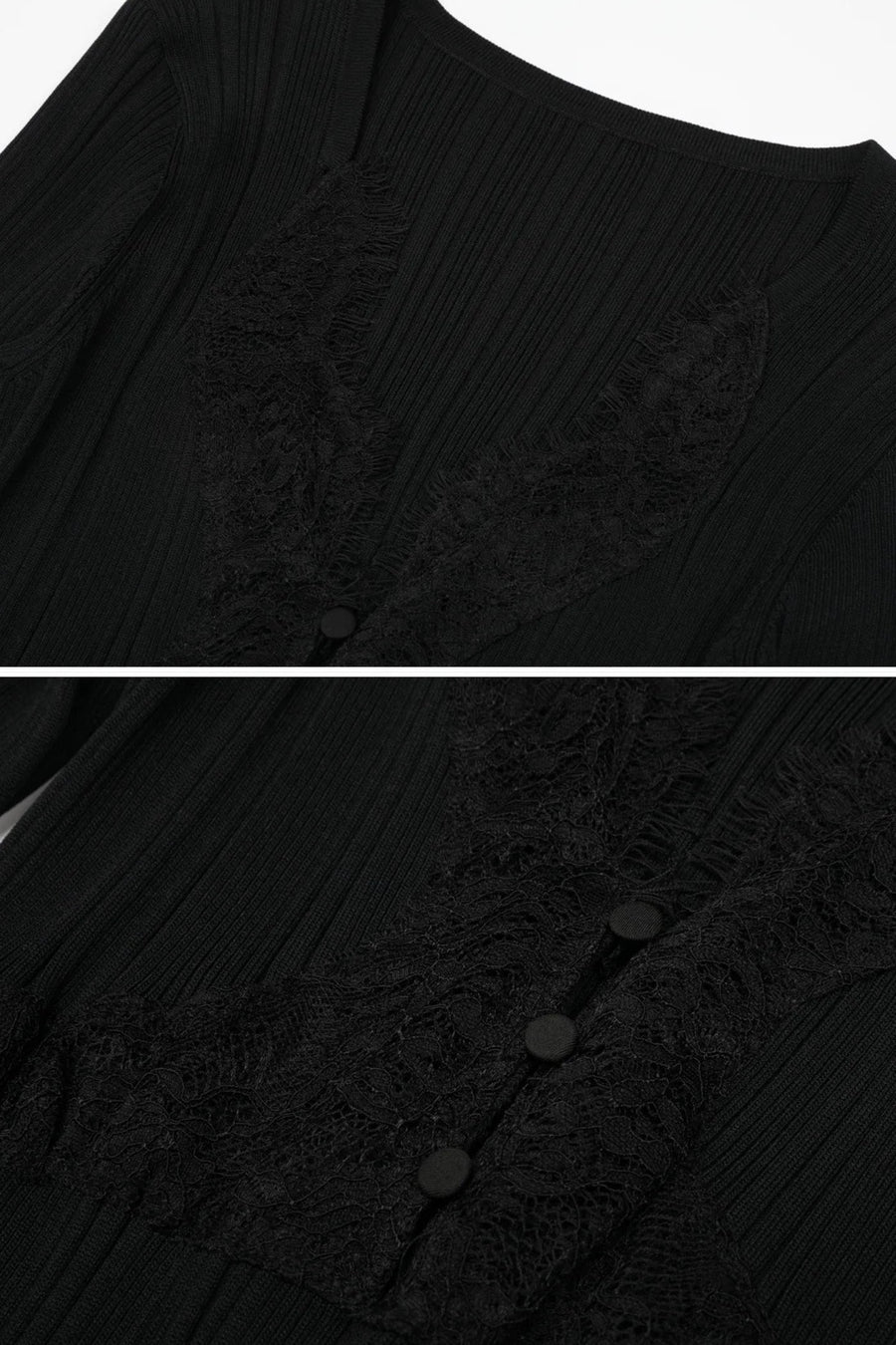 Ribbed Long Sleeve Midi Dress With Lace-Trim V-Neckline - Black