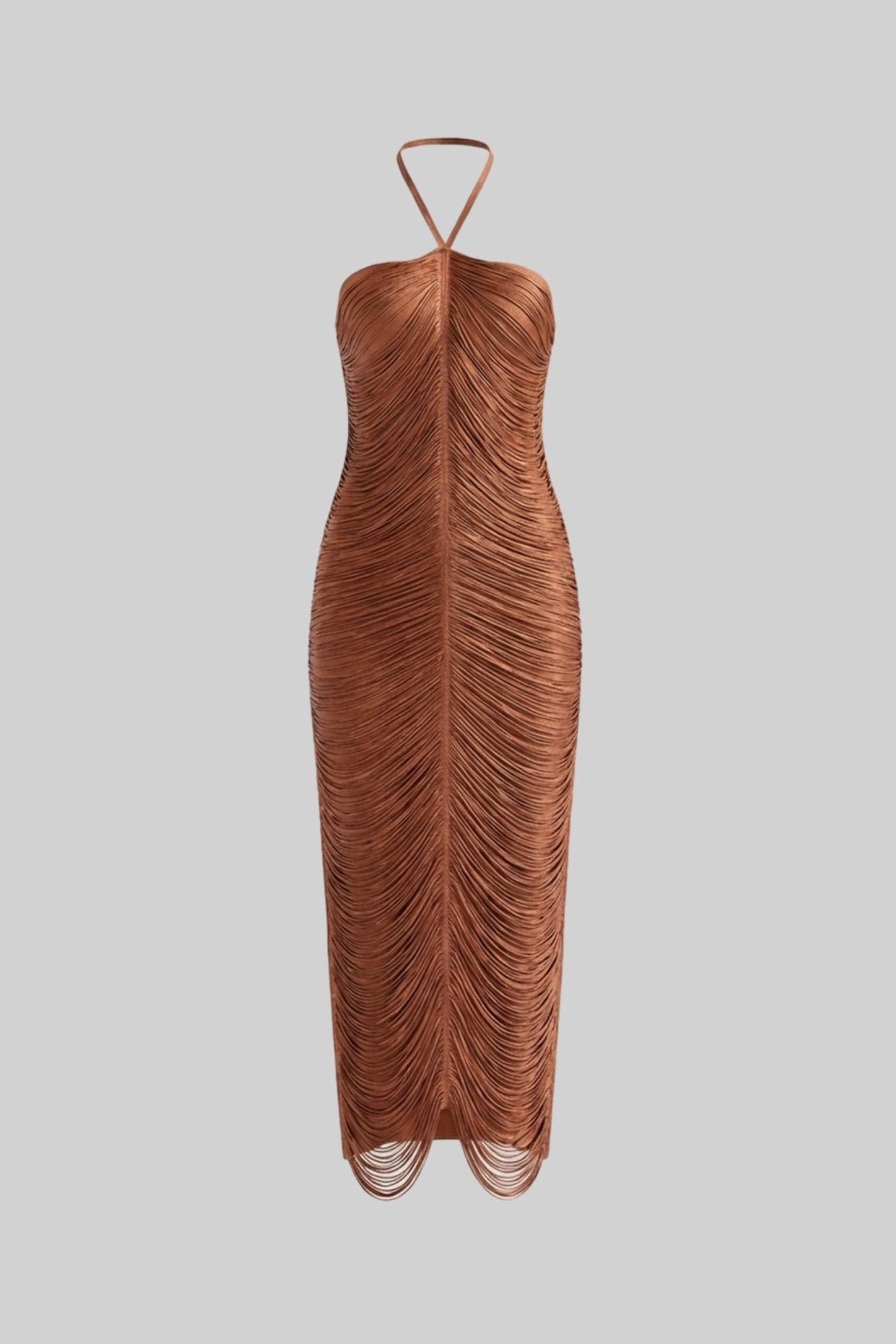 Halter Neck Midi Dress With All-Over Pleated Texture - Light Brown