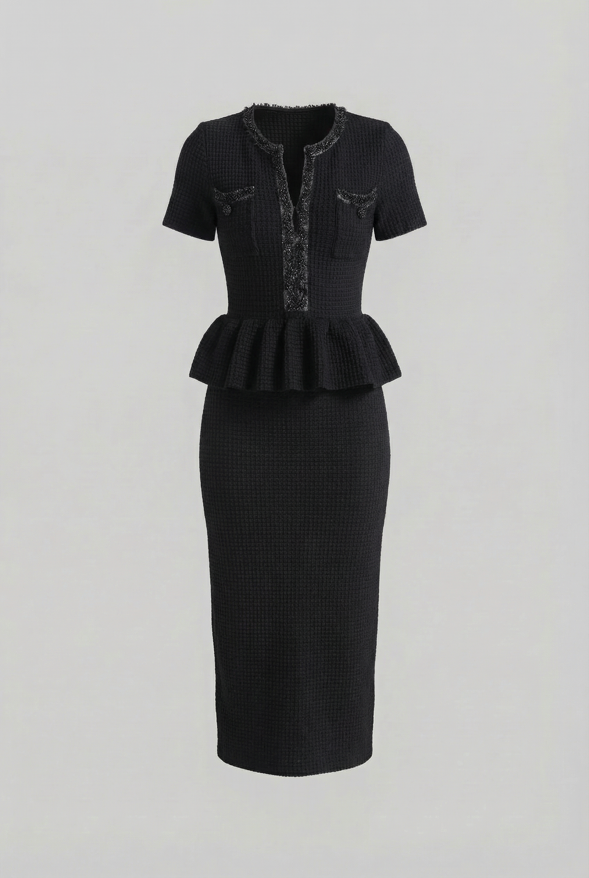 Textured Knit Midi Dress with Peplum Waist Detail – Black
