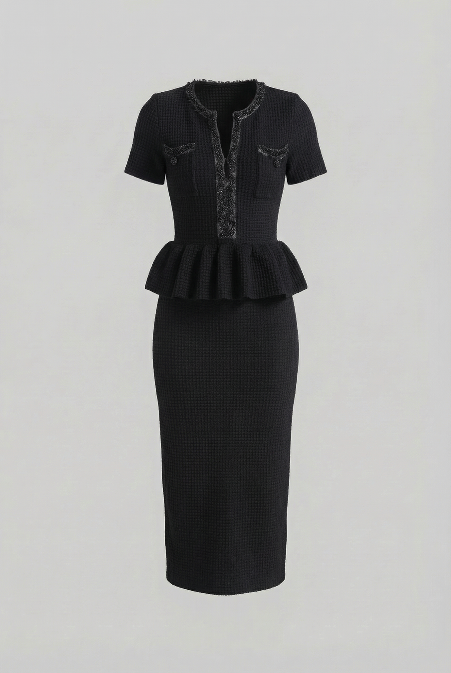 Textured Knit Midi Dress with Peplum Waist Detail – Black