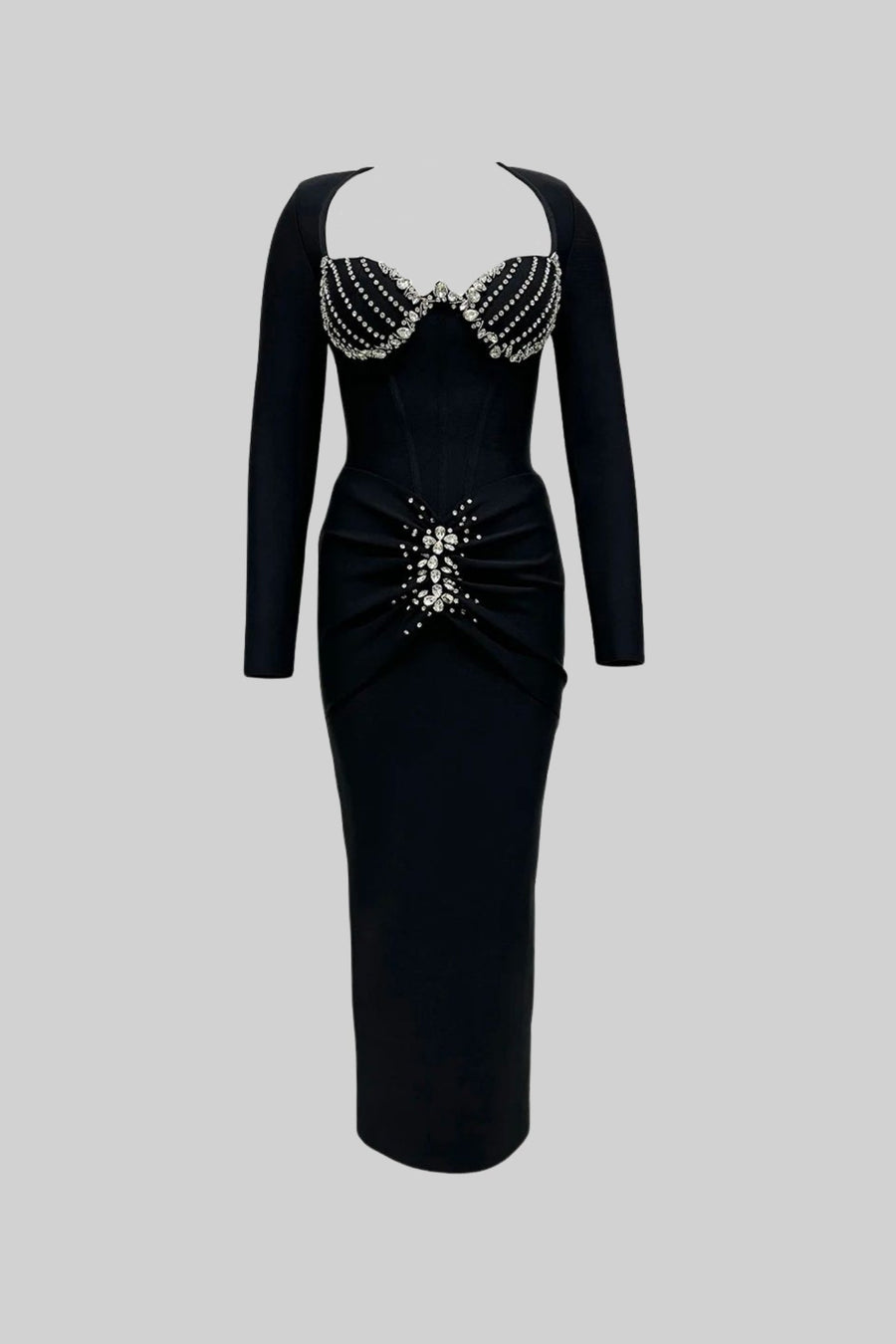 Crystal Embellished Corset Gown With Structured Bustier Bodice – Black